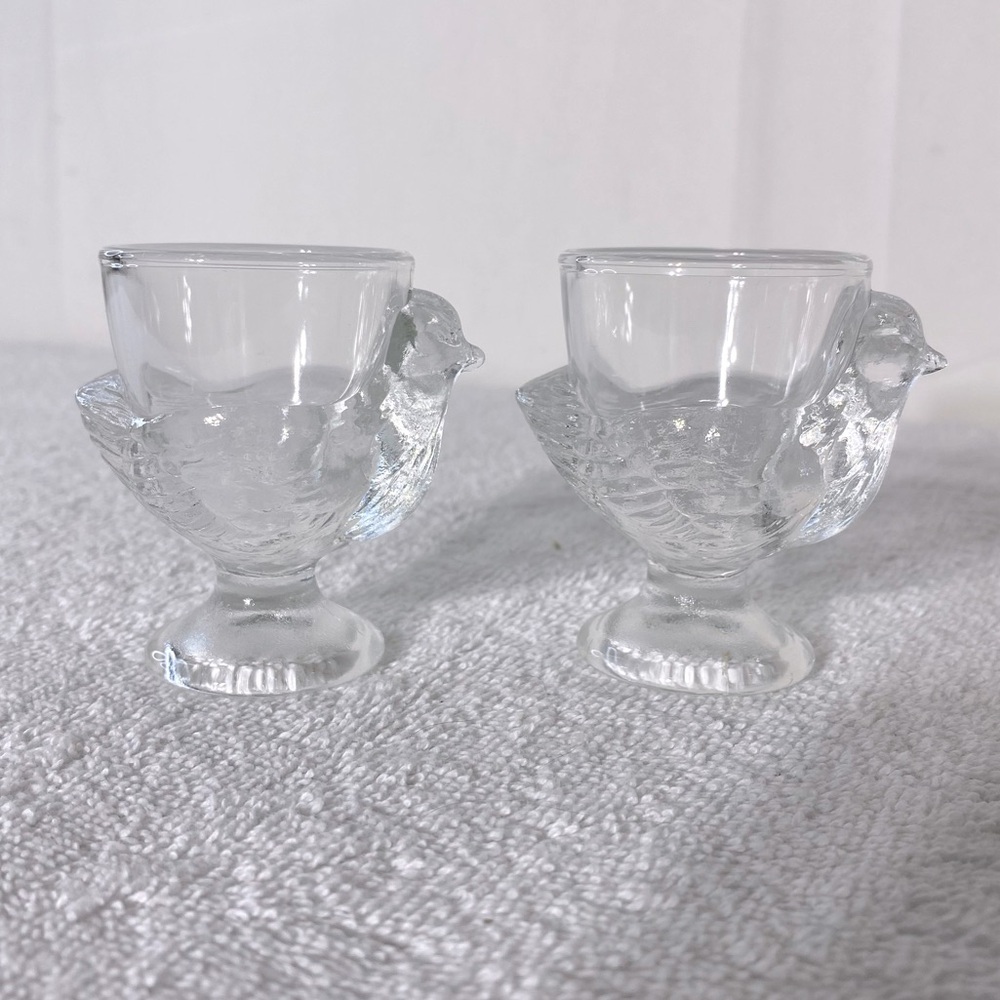 Vintage Clear Glass Chicken Shaped Egg Cups Shot Glasses x2 Countrycore